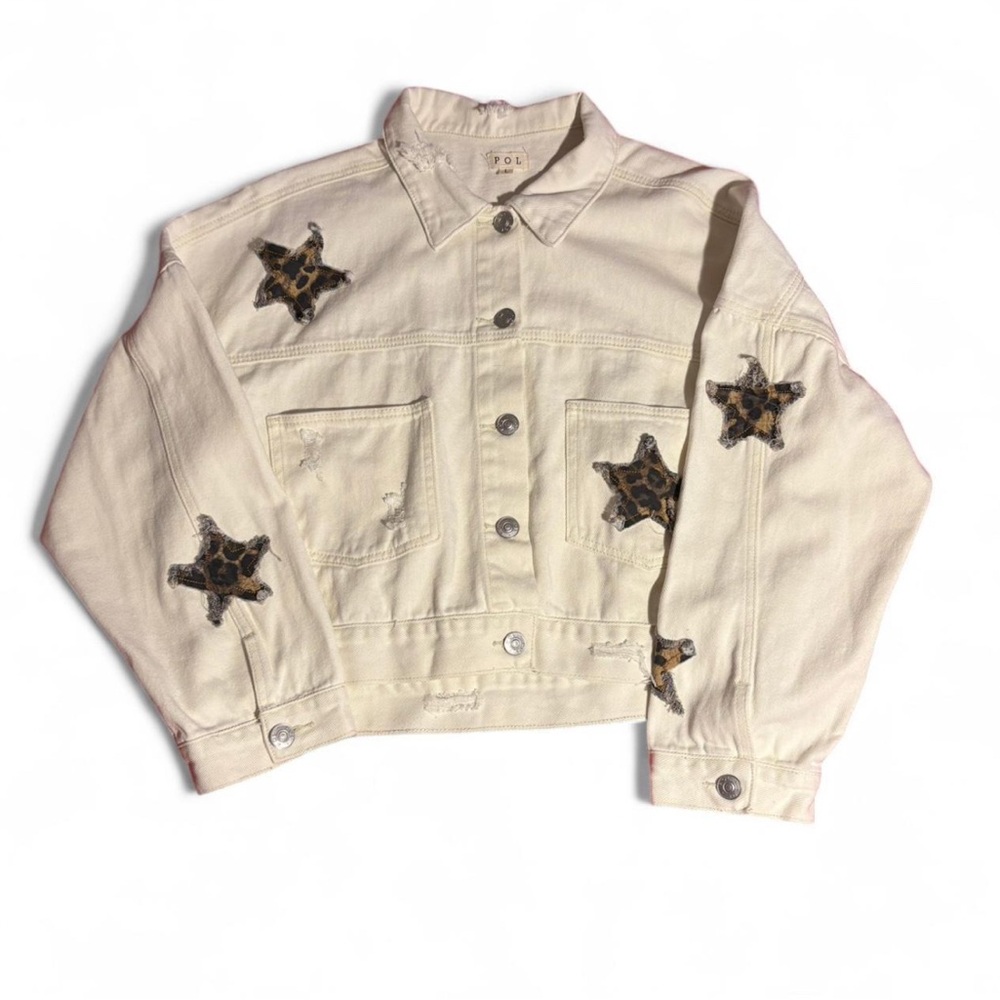Cream Crop Denim Jacket with Leopard Print Stars